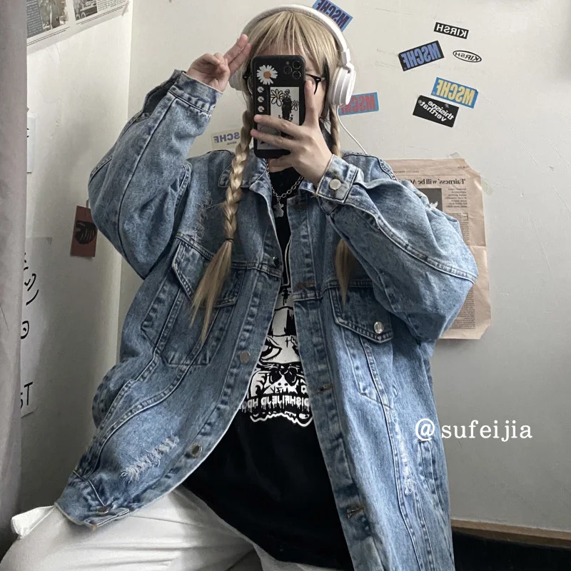 

Denim Jacket Women's autumn and winter new BF perforated loose versatile jacket single breasted square neck top