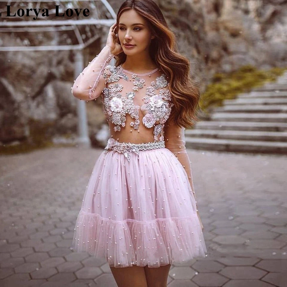 

Simple Cocktail Dresses Short Prom Dress 2022 Pink Long Sleeves Homecoming Vestido De Gala Women Back To School Graduation Gowns
