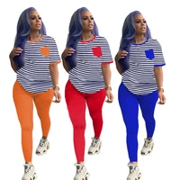 new summer sport womens set striped long sleeve tee tops legging pants suit active wear tracksuit two piece set fitness outfits
