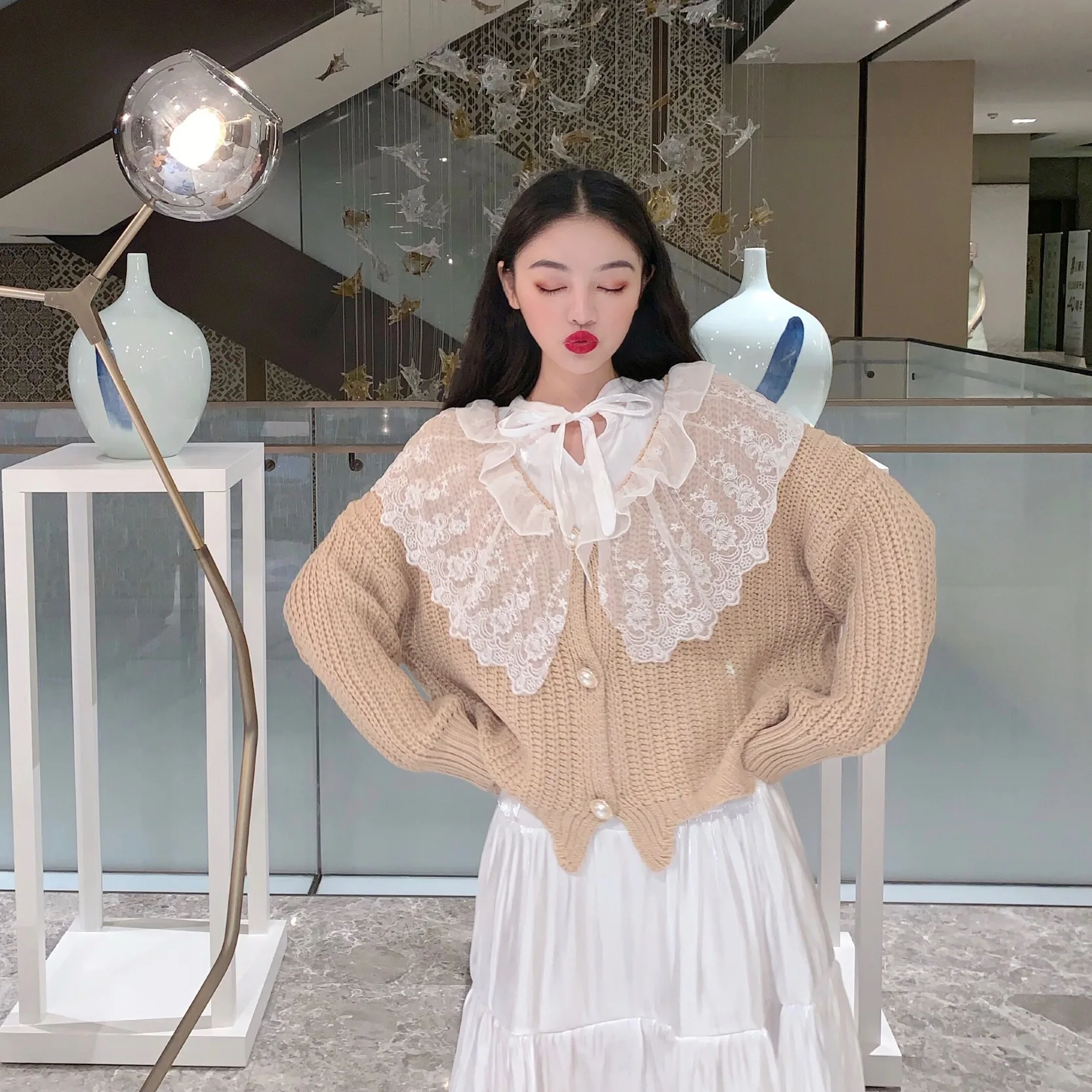 

Cardigans Sweet Style Ulzzang Fashion Brand Korean Autumn Winter Clothes Women Sweaters Lace V-neck Loose Ladies Tops Moda New