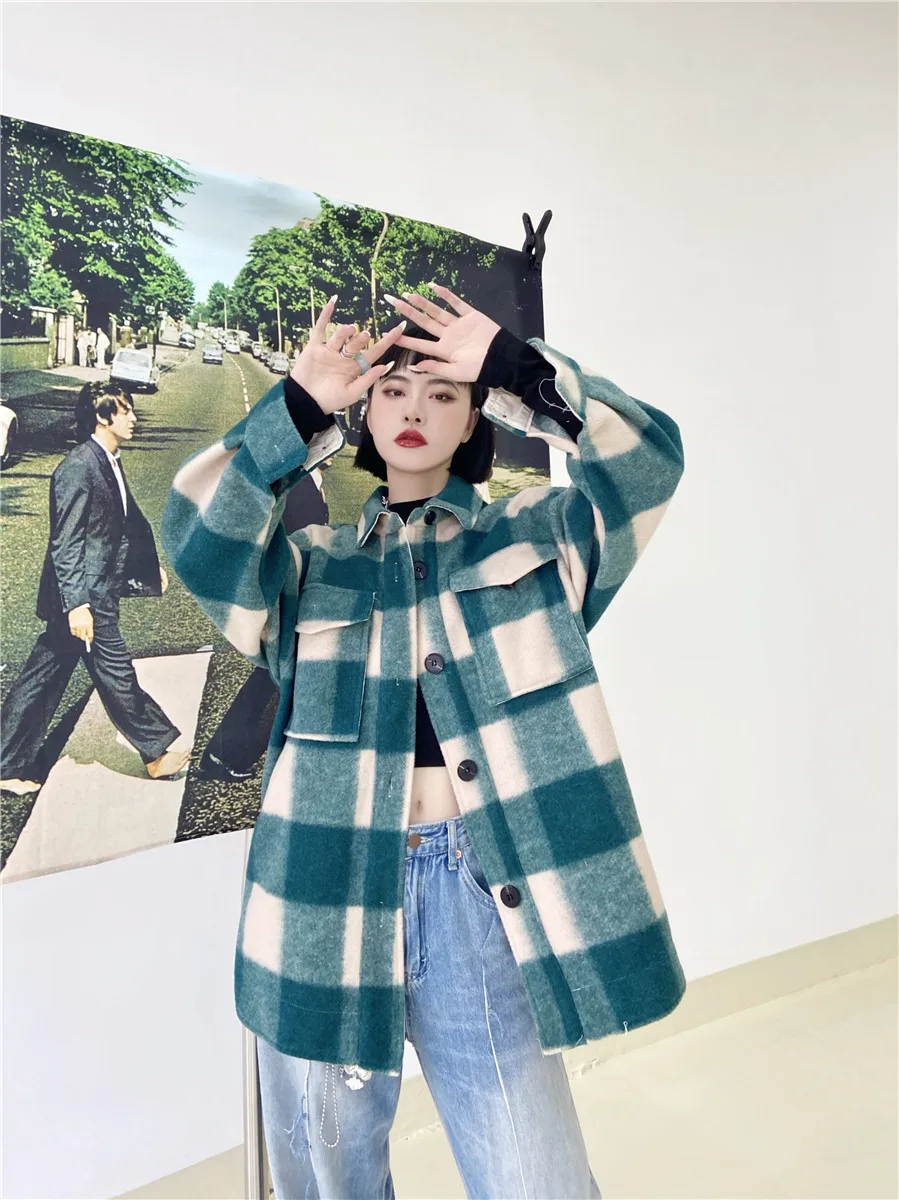 

ZCSMLL Green Plaid Wool Blends Shacket Winter Long Coats And Jackets Women Tweed Outerwear Oversized Fashion Coat Clothes