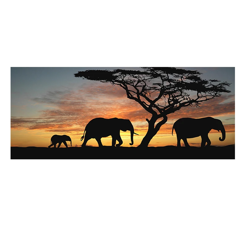 

Tree African Elephant Sunset Landscape Painting Print on Canvas Animal Art Wall Picture Artwork for Living Room Home Decor