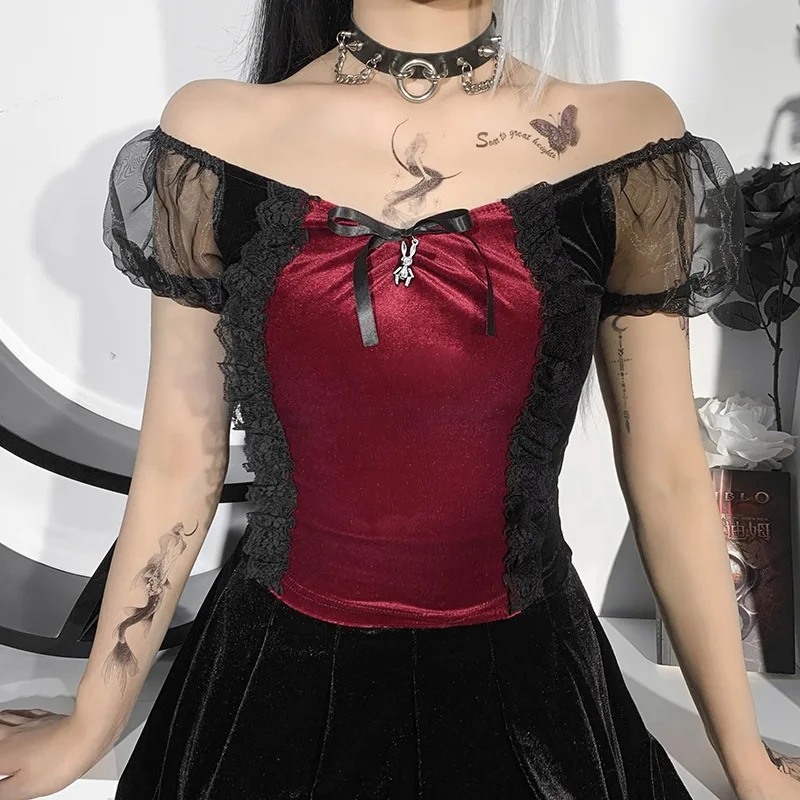 

Goth Summer One-line Collar Top See-through Mesh Sleeve Umbilical T-shirt Korean Fashion Clothing Dollskill Y2k T Shirt Alt Dark