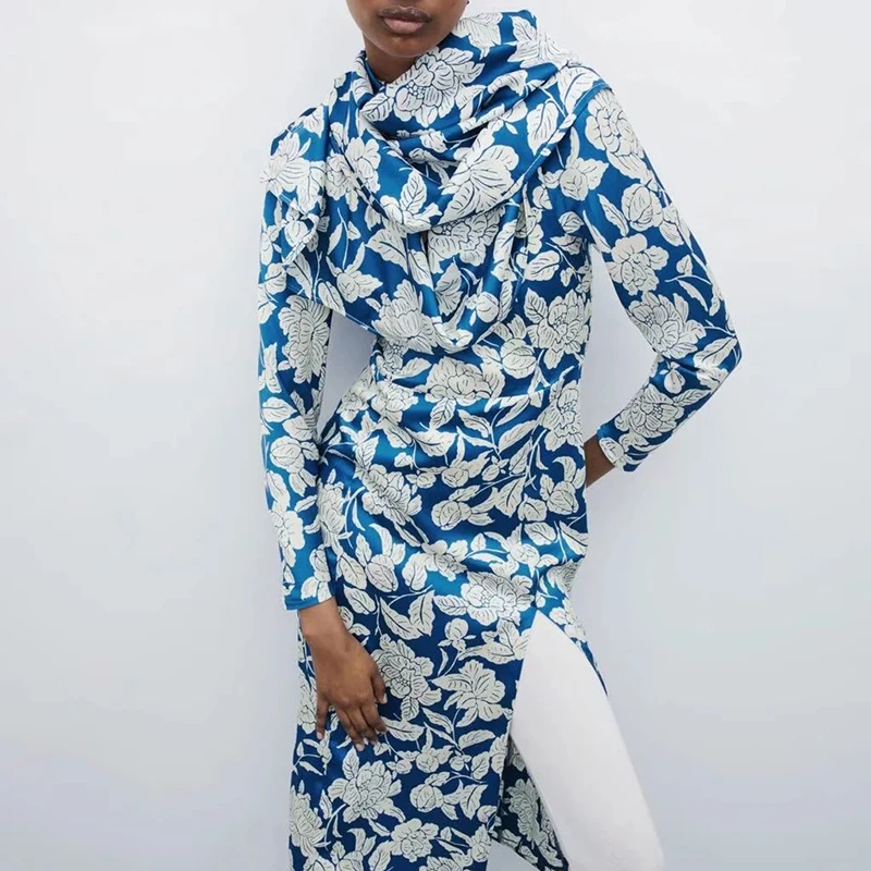

Hot-selling girl floral print dress long sleeve slits feminine evening dress