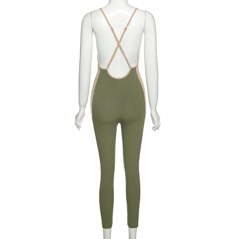 

2020 Summer Fashion V-Neck Bandage Camisole Sleeveless Jumpsuits Green Fitness Color Patchwork Activewear Sporty Workout Outfits