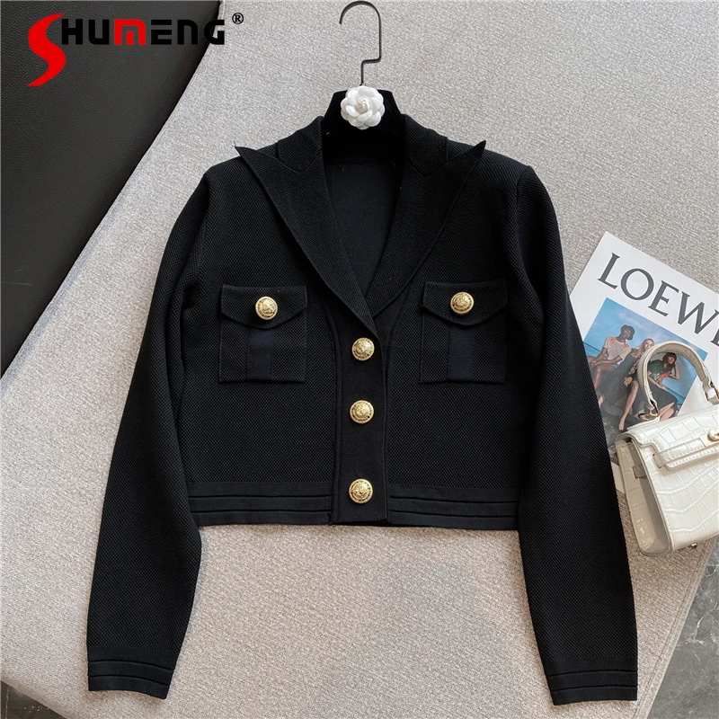 

Fall 2021 New French Retro Suit Collar Brass Buckle Long Sleeve Knitted Short Coat Women's Black and White