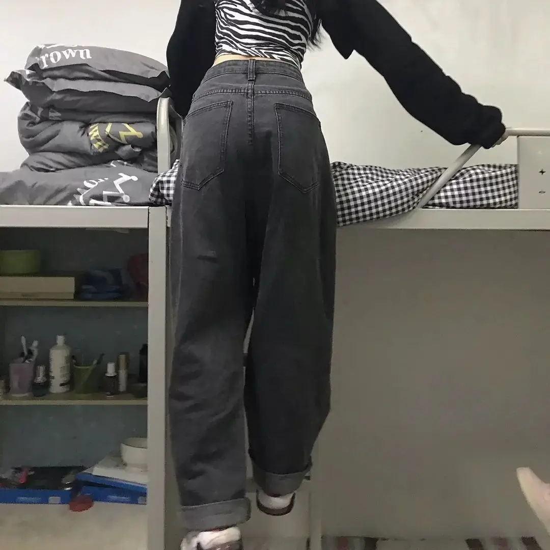 

Black grey high waisted jeans women's spring Korean loose straight pants students are versatile with wide leg daddy pants