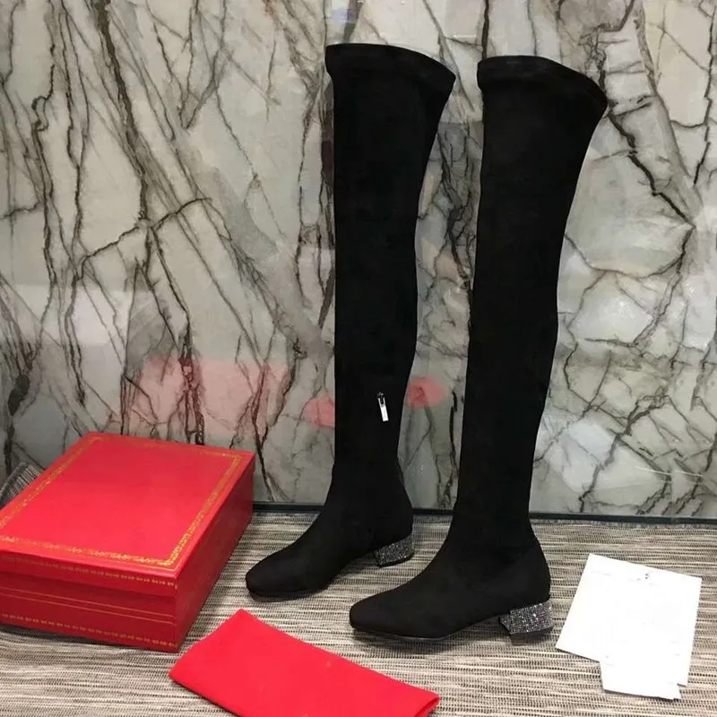 Koop Vrouw Lange Laarzen Zip Kristal Lage Hak Echt Lederen Dames Schoenen Luxe Designer 2020 Nieuwe Herfst Winter Zapatos De Mujer