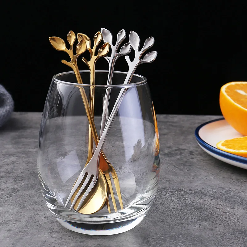 

2/4/6/8 Pcs Creative Coffee Mixing Spoon Leaf Spoon Stainless Steel Dessert Fork Meal Spoon Fruit Fork Cute Kitchen Accessories