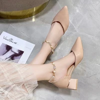 sweet women pumps 2021 mid heels two piece sexy pointed toe sandals buckle strap wedding party chain shoes for lady size