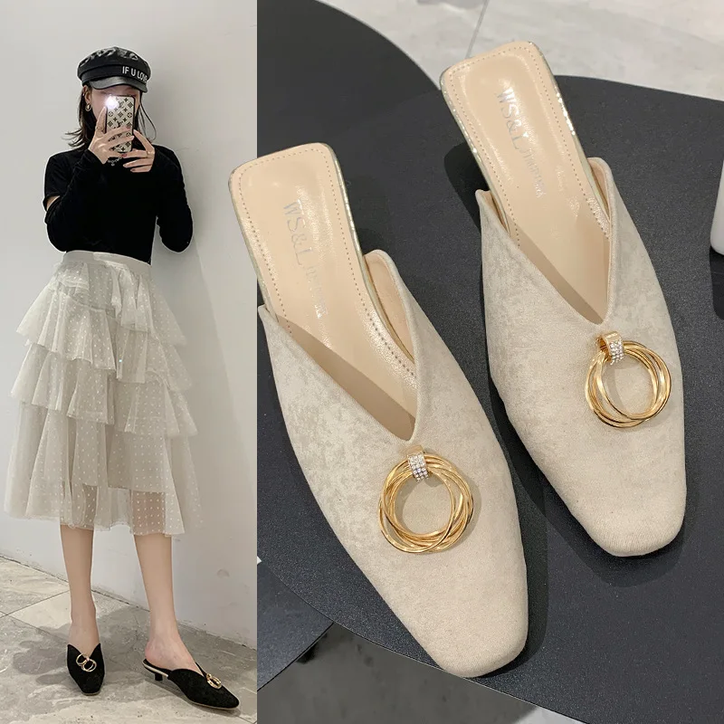 

Fashion Square Head Ring Buckle Flock Solid Outside Lazy drag The New Baotou Half Slippers Solid Shallow Thin Heels Med 3cm-5cm