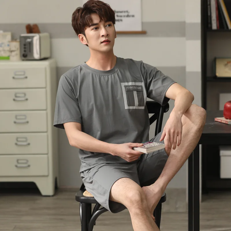 Men's striped cotton pajamas suit high-quality casual and comfortable short-sleeved shorts loose large size thin home service