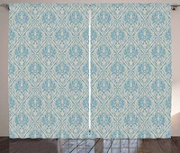 blue and beige blackout curtains vintage royal scroll pattern victorian fantasy swirled old flourish tile window curtain