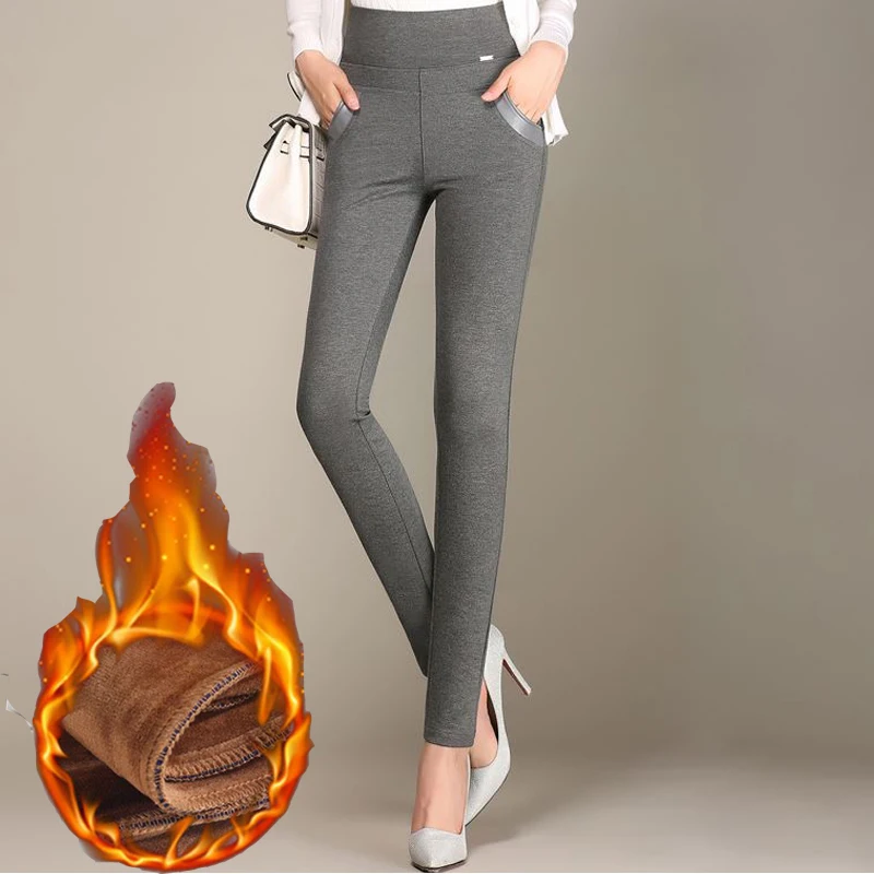 grey with velvet Женские повседневные брюки с высокой талией размера плюс 6XL 5XL, длинные брюки с эластичной резинкой на талии, черные, синие, серые, винные узкие брюки, женские большие размеры - Цвет: grey with velvet