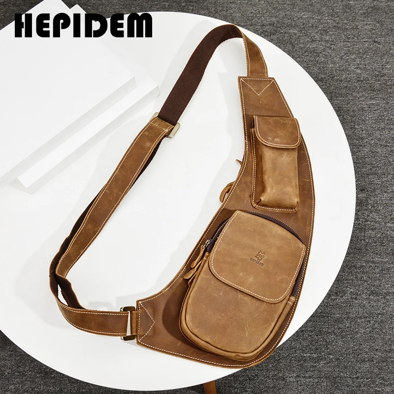 HEPIDEM Crazy Horse Leather Chest Bag Men Fashion Casual Crossbody Travel FBI Genuine Leather Bags 3011