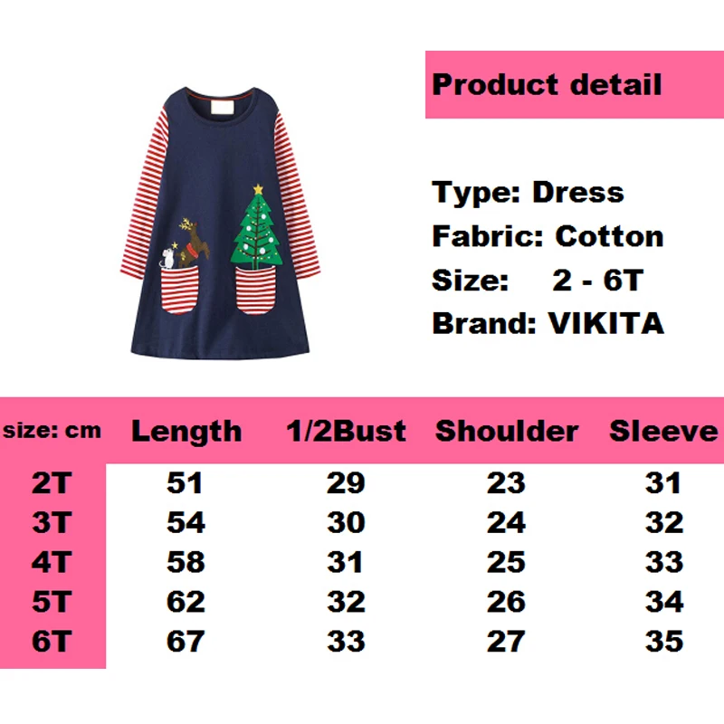 VIKITA Brand Baby Girls Christmas Clothes Autumn Winter Dresses Long Sleeve Kids Cartoon Costumes Children Clothing | Детская одежда и