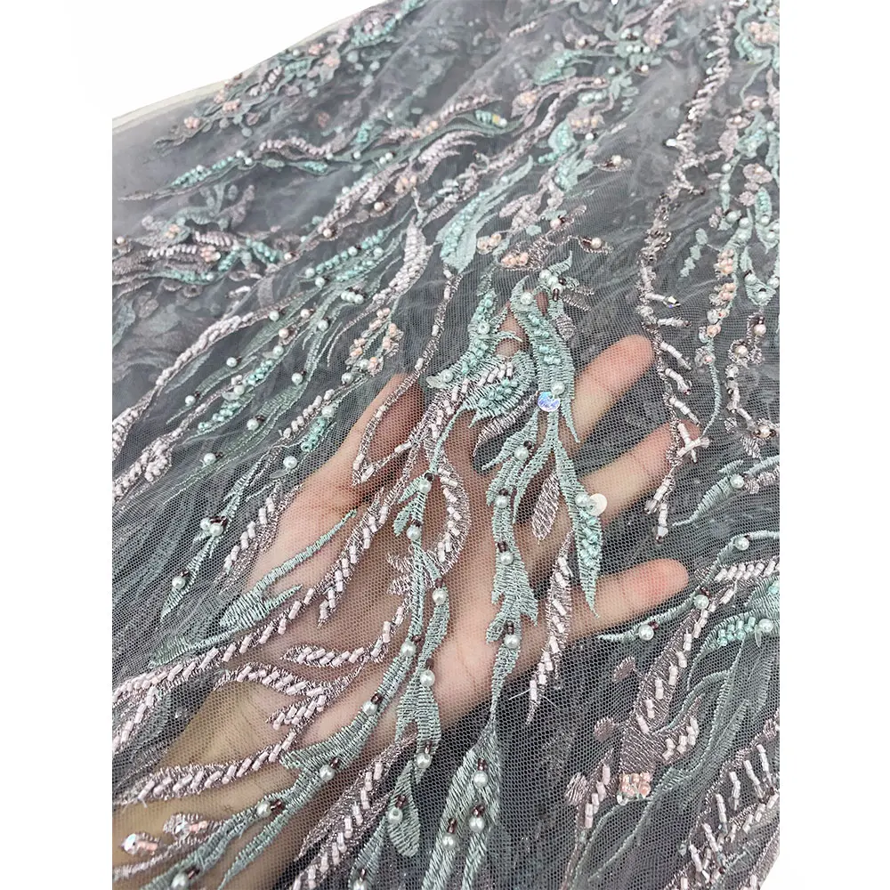

Green Mix Pink Color High Class Elegant Factory Price Guipure Embroidery Beads Sequins Handmade Lace Fabric Mesh For Party Dress