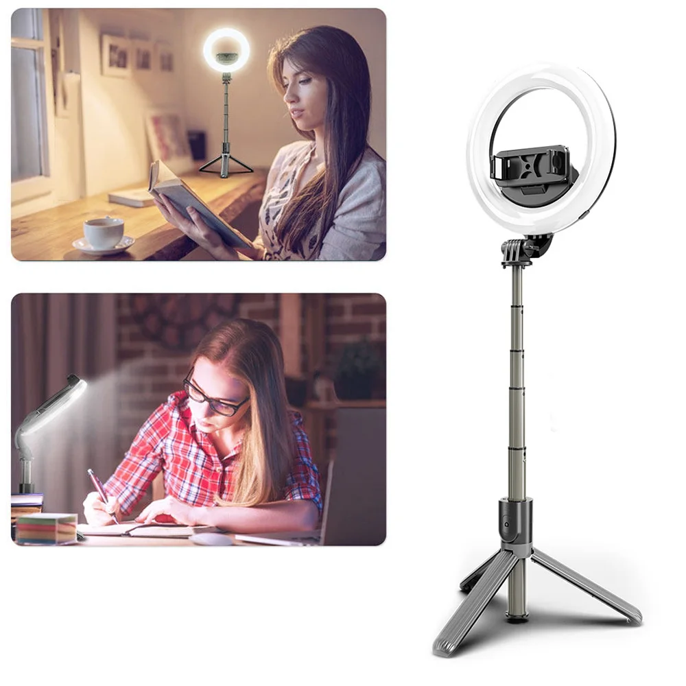 

Bluetooth Selfie Stick Portable 5 inch Compatible Ring Desktop Light with Tripod Stand Adjustable Bluetooth Remote Phone Holder