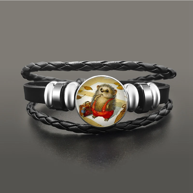 Винтажные черные плетеные многослойные кожаные браслеты милые животные Ежик