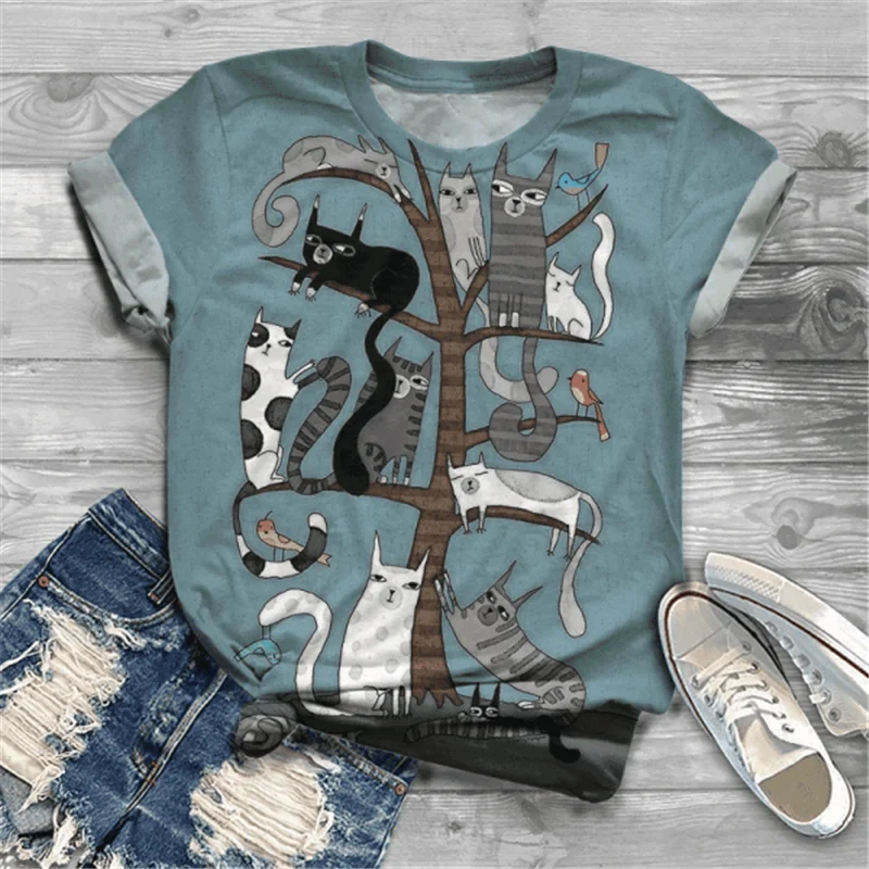 

2021 Plus Size Lovely Cat Print Short Sleeve T-shirt Women Round Neck Y2k Graphic Tee Top Clothing Animal Harajuku Tshirt