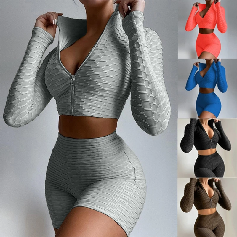 

Women Seamless Yoga Outfits Long Sleeve Zip Up Crop Top High Waist Shorts Solid Color Pineapple Grid Bodycon Tracksuit 67JF
