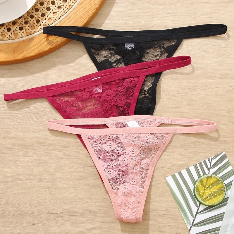 Хлопковые кружевные стринги FINETOO женские прозрачные трусики с низкой талией