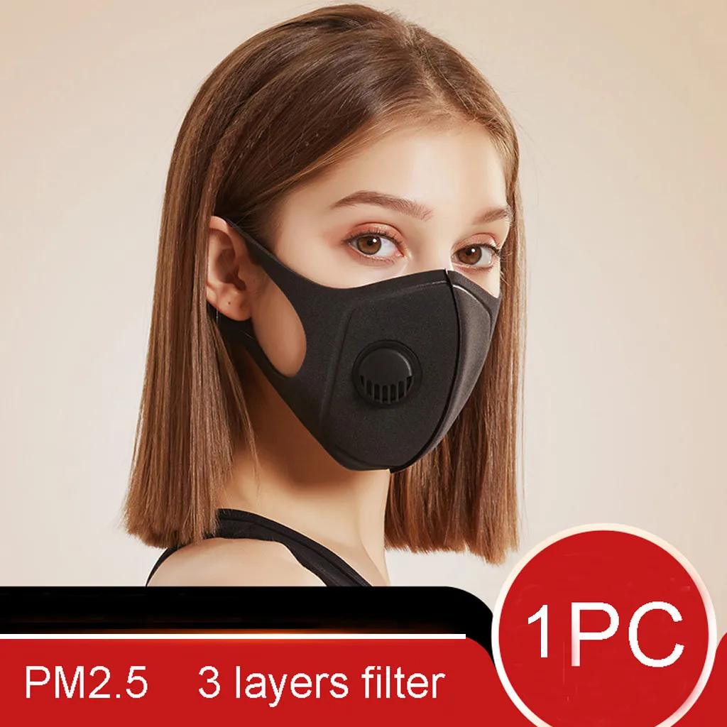 

Дышащая черная маска для лица Pm2.5 1 шт., маски с принтом, тканевая Защитная Пылезащитная маска для рта с клапаном, моющаяся многоразовая маска...