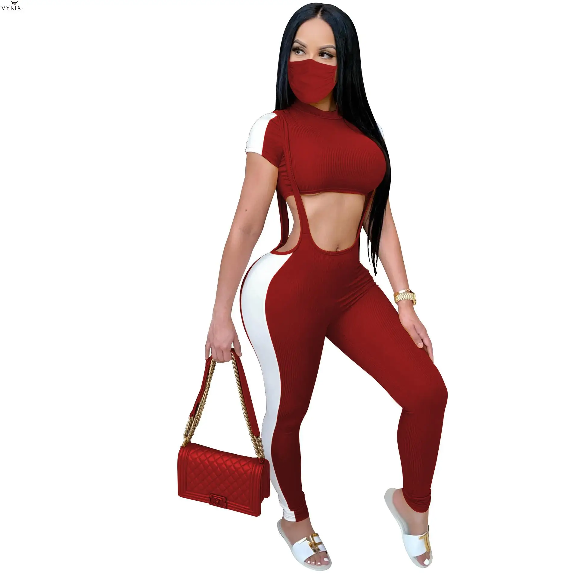 

Women With Mask Knitted Mini Tee Tops Overall Romper Jogger Pants Suit Three Piece Set Tracksuits Matching Sets Clubwear Outfits