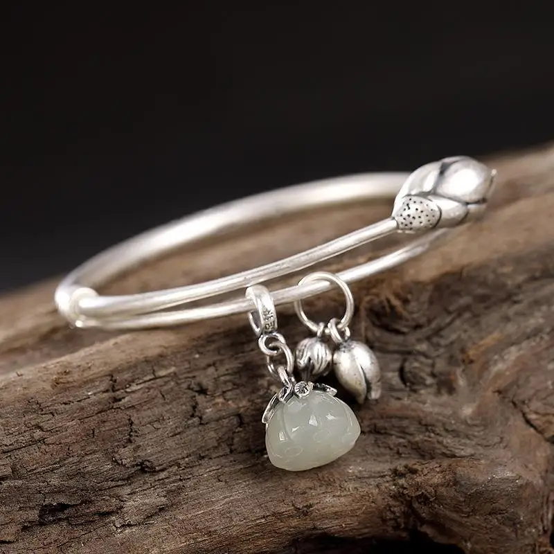 

Antique Style S925 Sterling Silver Hetian Jade Lotus Flower Lotus Seedpod Bracelet Han Chinese Clothing with Bracelet Push-Pull
