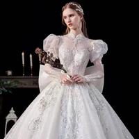 new palace white wedding dresses long puff sleeves high neck lace applique crystal beading shiny big bow bridal gowns vintage