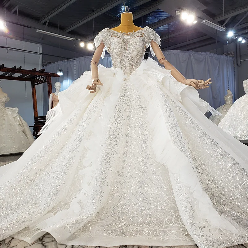 

Silver Beadings Luxury Beads Top Ball Gown Wedding Dress Short Sleeve 2021 150CM Train Sequins Lace Elegant Wedding Gown