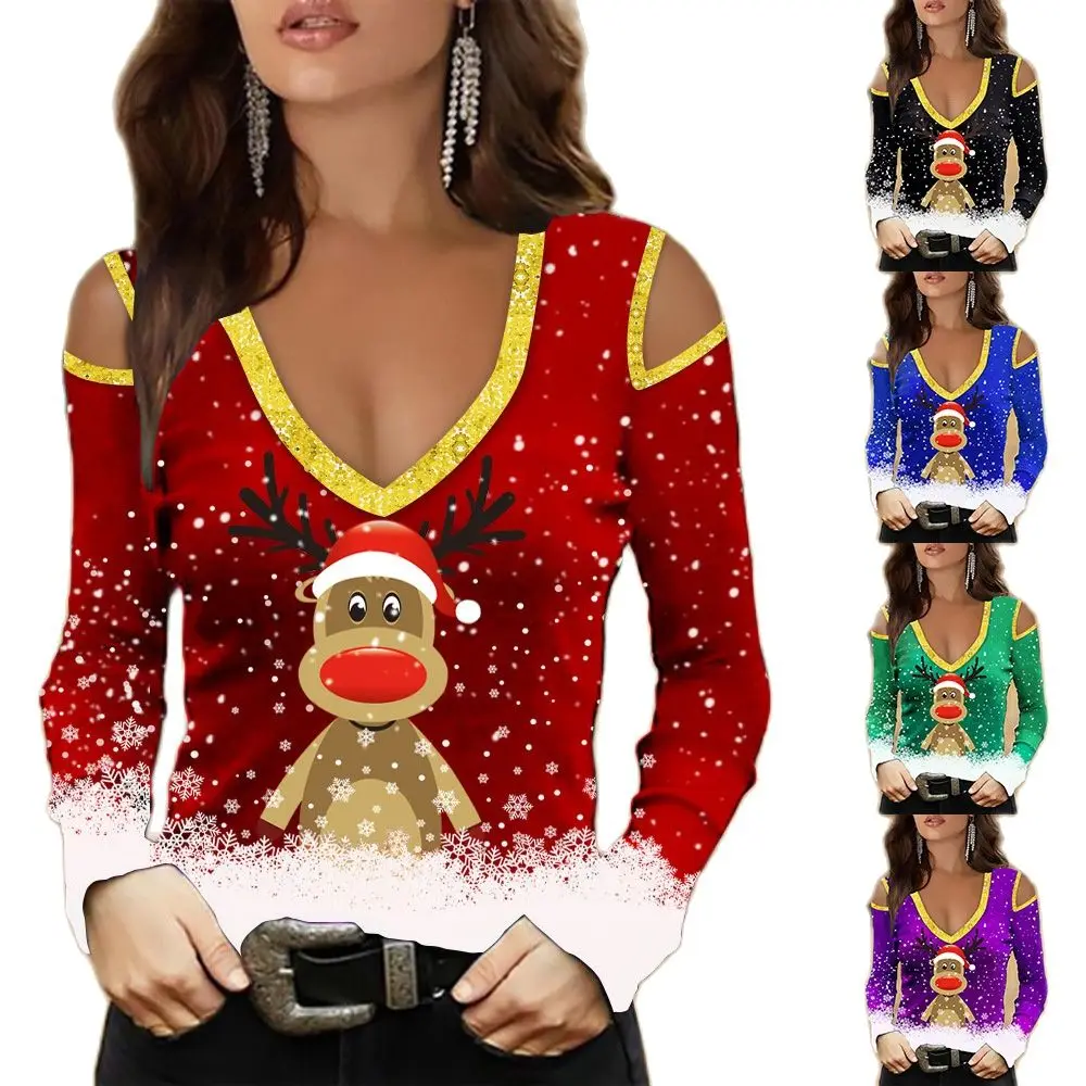 

Women Christmas Day Deer Snow Print T-shirt Top Autumn Winter Sexy Off Shoulder V-neck Long Sleeve Loose Casual Tee Pullover