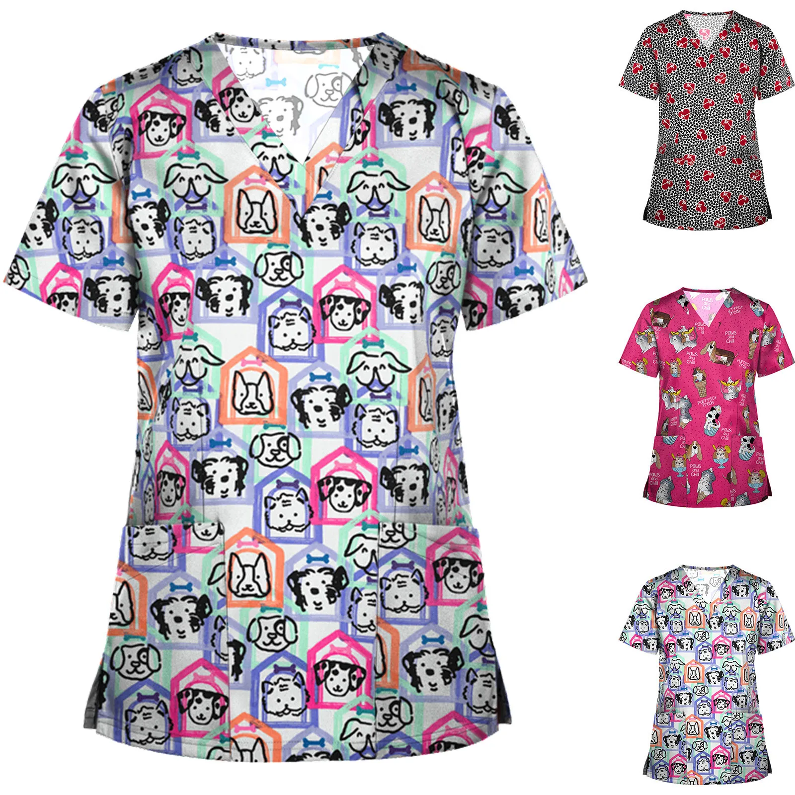 

Nurse Uniform Women Short Sleeve V-neck Animal Pattern Scrub Tops Vet Carer Uniform Therapist uniformes clinicos mujer A50