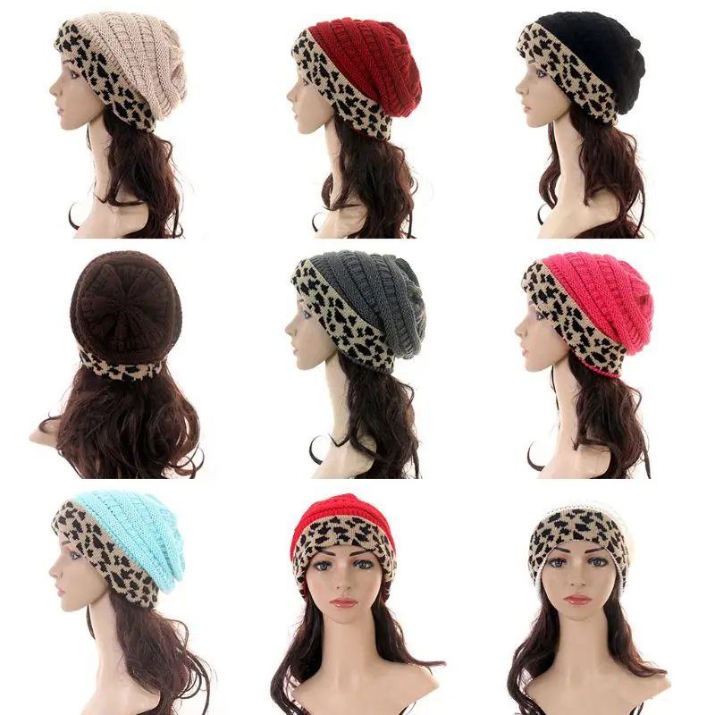 

Women Winter Acrylic Chunky Knitted Skull Cap Leopard Print Cuffed Casual Outdoor Warm Stretchy Baggy Slouchy Beanie Hat