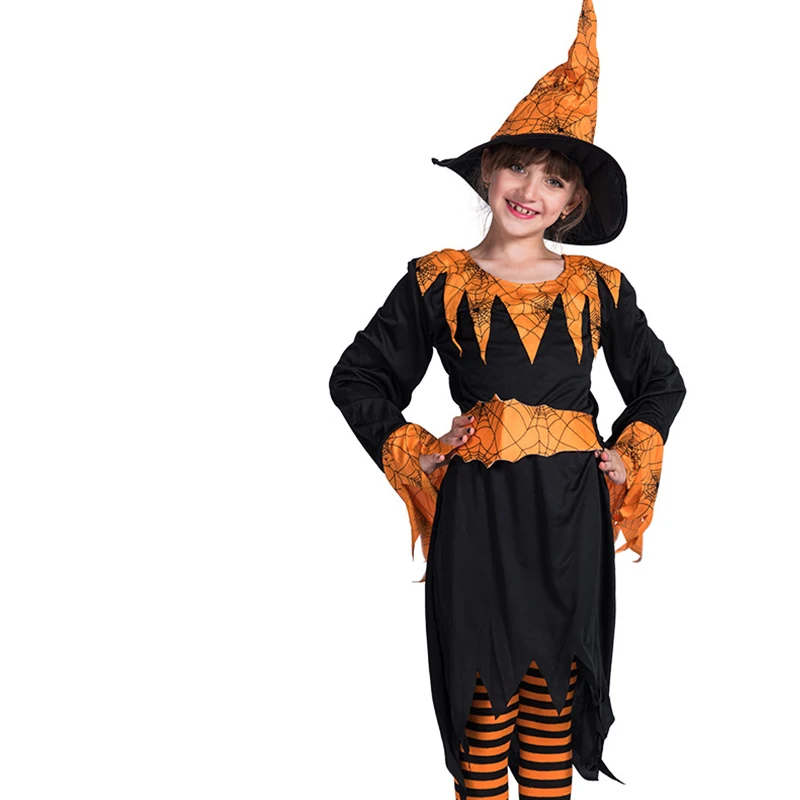 Детское платье на Хэллоуин тыква паук ведьма детская одежда желтое принцессы 4-12