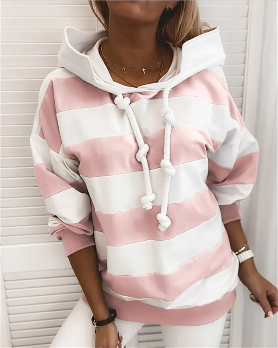 

Winter Striped Women Hoodies Thin Long Sleeve Loose Hoodies for Girls Fashion Colorful Pullover Femme Clothing