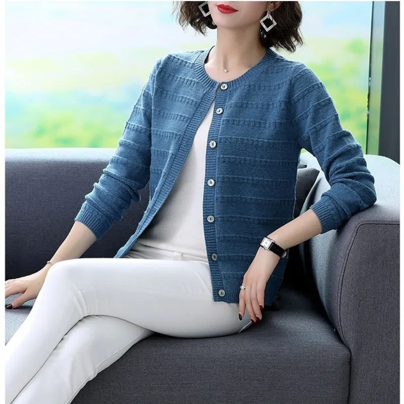 Кардиган женский вязаный PEONFLY однобортный с круглым вырезом длинным рукавом