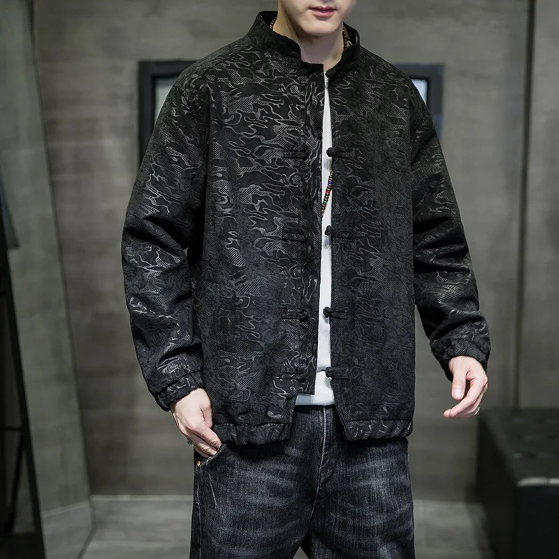 Куртка мужская оверсайз однотонная с драконом жаккардовая