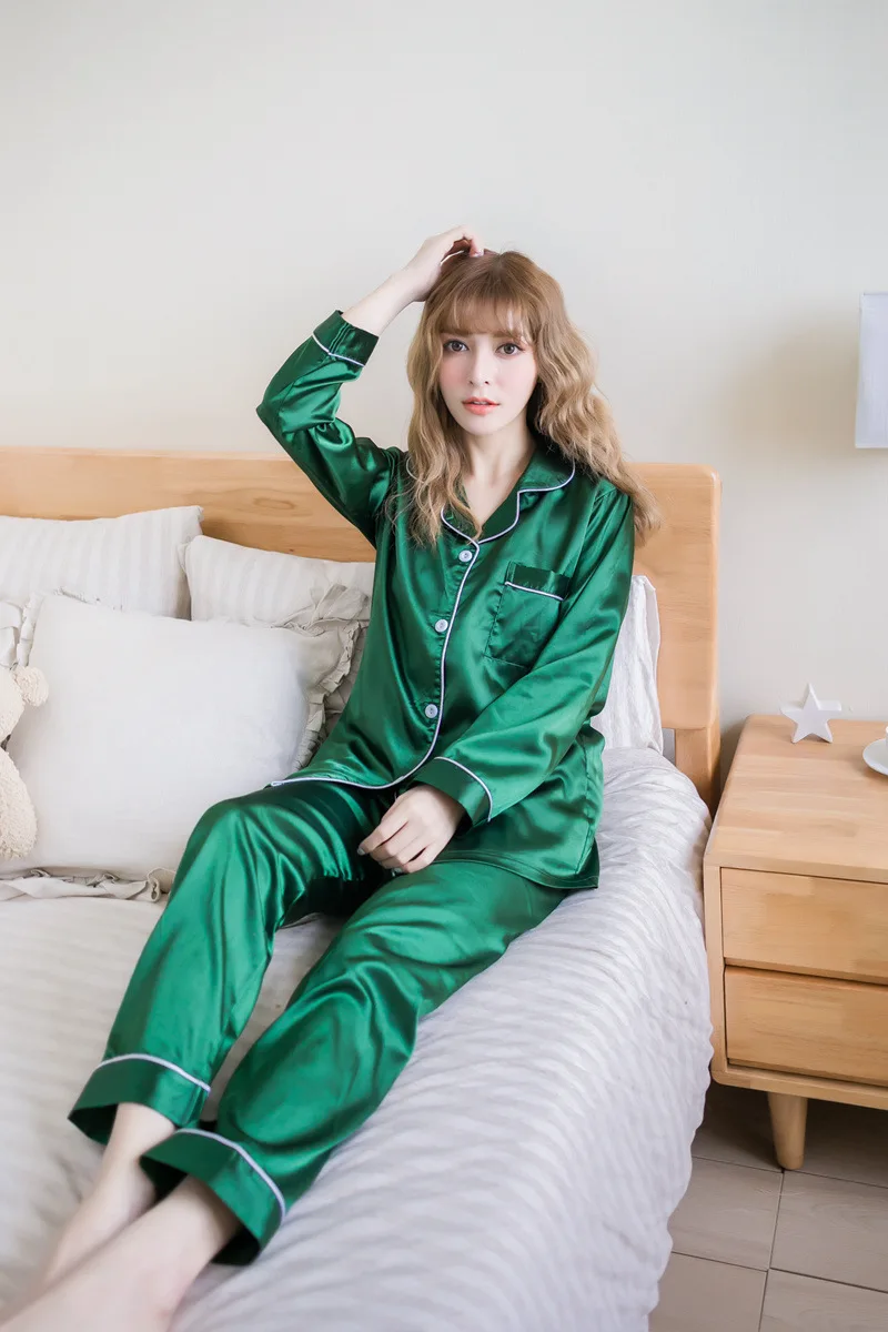 2021 New Women's Pajamas Set Imitation Silk Luxury Noble Long Sleeve Nightgown Home Wear Spring Autumn Nightwear Sleepwear Solid