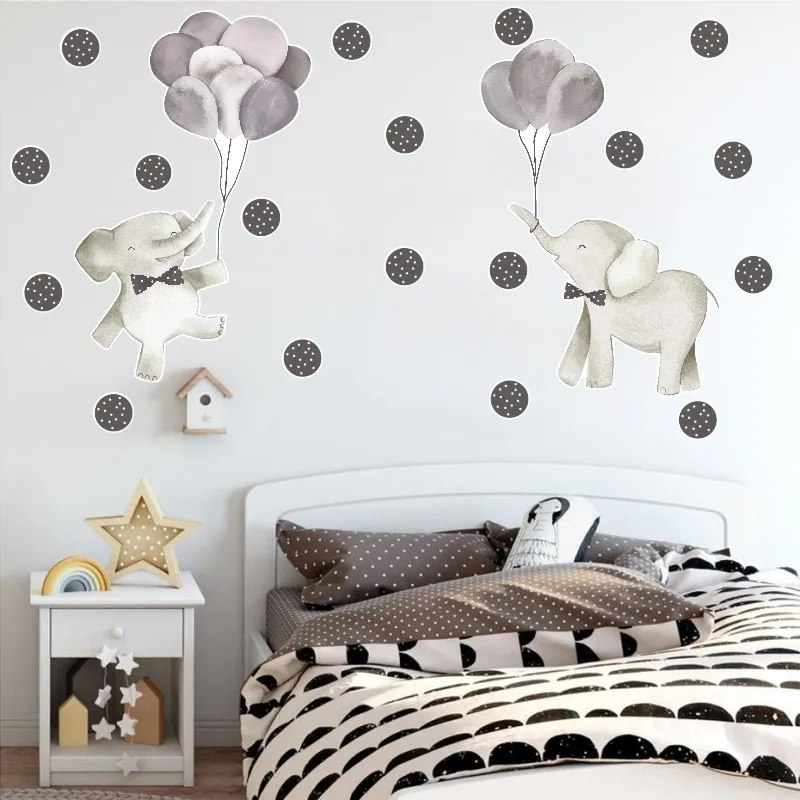 

High Quality Gray Elephant Balloon Dot Wall Stickers Self-Adhesive DIY Cool Children PVC Graffiti Cartoon Animal for Kids Room
