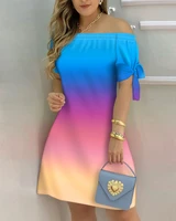 2021 women sexy gradient ombre colorblock off shoulder short sleeve tie detail summer casual mini party dress fashion daily wear