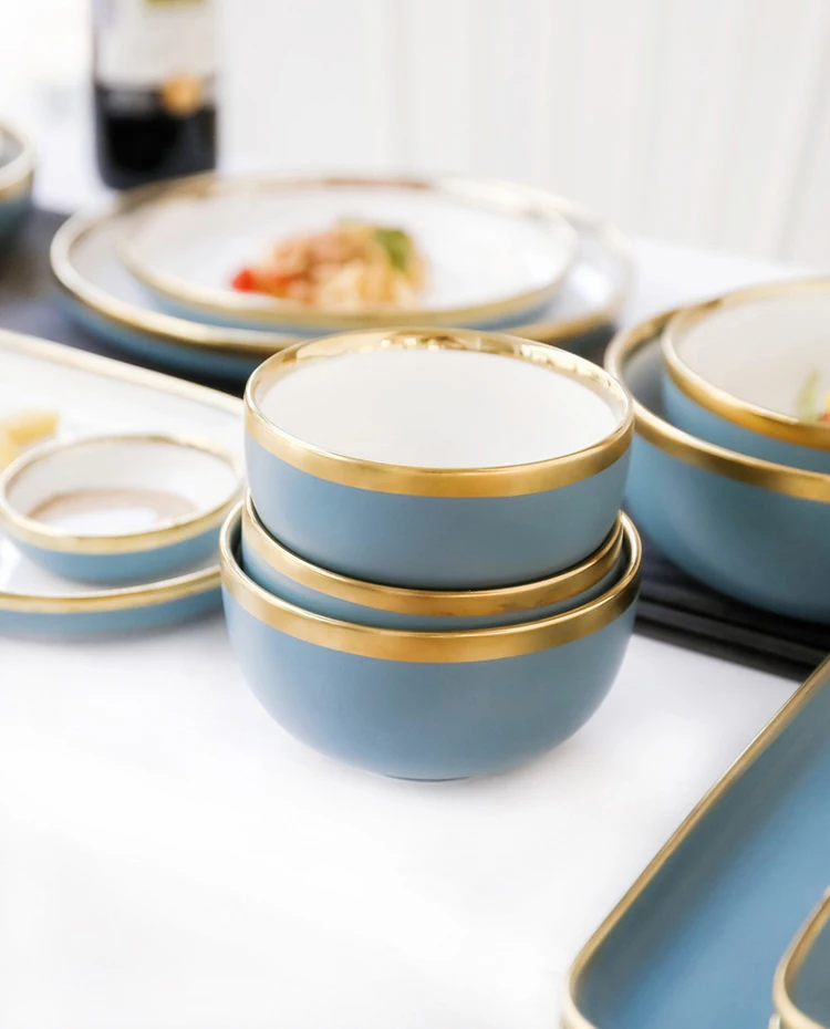 Скандинавский синий CeramicsGolden Rim посуда и тарелки наборы посуды тарелка лапша суповая чаша Западная еда стейк обеденная посуда тарелки