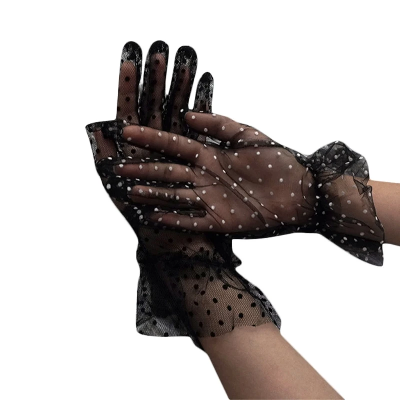 

Women Sheer Lace Short Tulle Full Finger Gloves Vintage Polka Dot Ruffled Trim Mesh Wedding Prom Evening Party Mittens