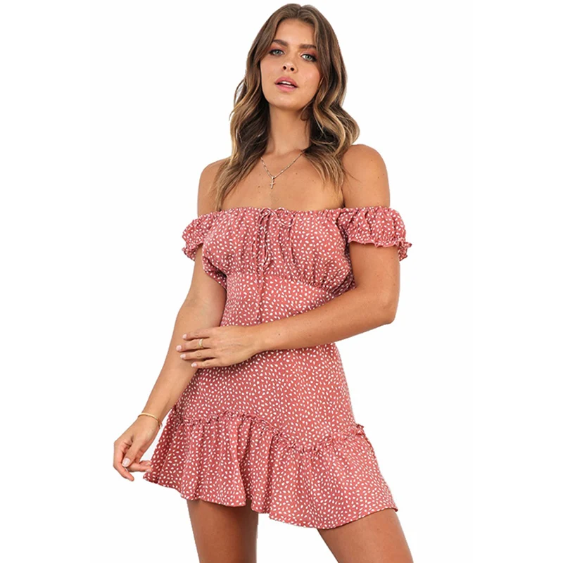 Женское мини платье в горошек красное синее эластичное с открытыми плечами