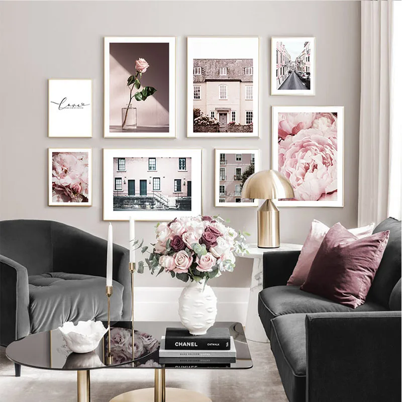 

Flowers Building Poster Nordic Photography Print Landscape Canvas Painting Trendy Artwork Picture Modern Home Decoration