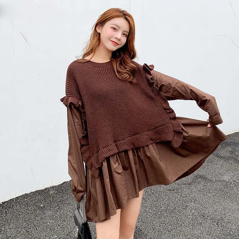 

Women Japanese Fashion Knit Sweaters Women Fake Two Piece Pullovers Autumn Vest Stitching Shirt Korean Tops 2020 Loose Clothes