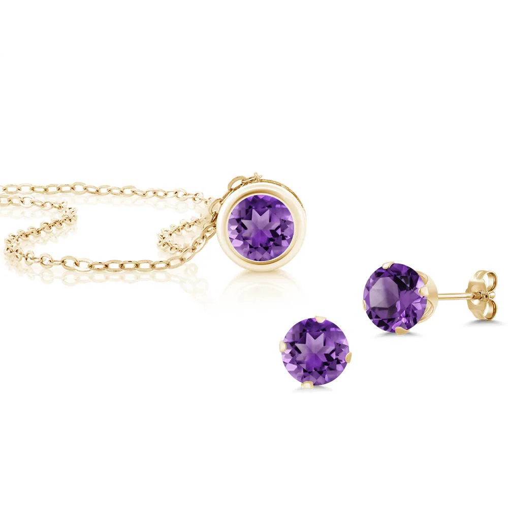 GemStoneKing 2.10 Ct Round Purple Amethyst Pendant Earrings Set 14K Yellow Gold Jewelry For Women | Украшения и аксессуары