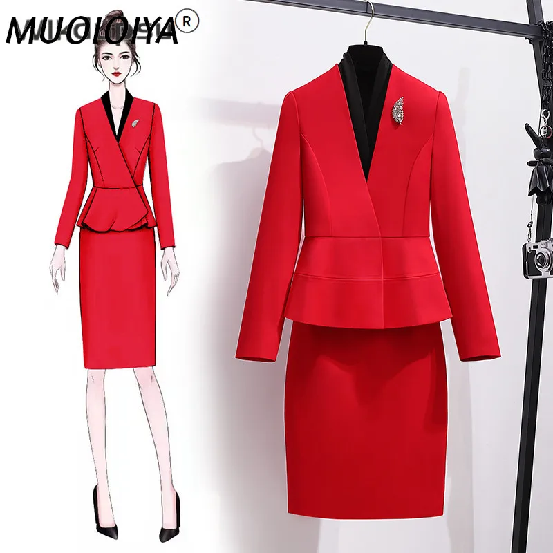 

Женские костюмы из блейзера и юбки, офисный официальный комплект из двух предметов с длинным рукавом, деловая одежда для работы, весна-осень...