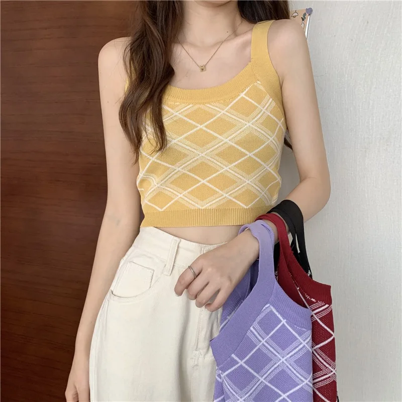 

Knitting Tank Plaid Cropped Cami Striped Top Y2k Fashion Halter Ropa De Mujer Croptop Sleeveless Girls Streetwear Rib Clothing