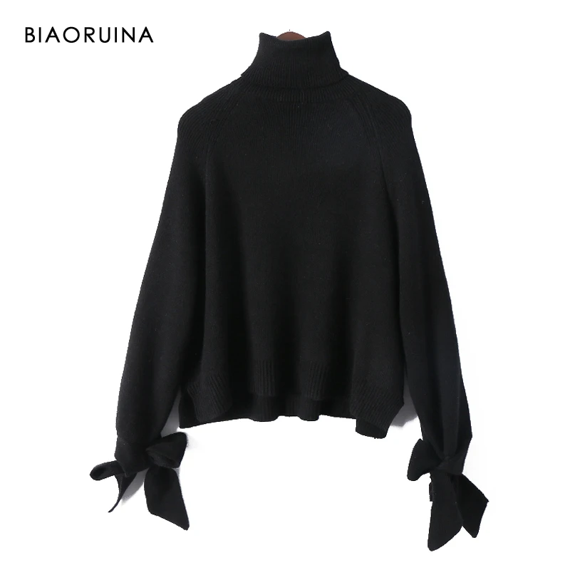 BIAORUINA женский корейский стиль однотонный свободный водолазка свитер с бантом